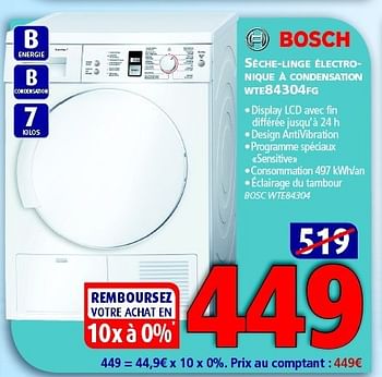 Promotions Bosch seche-linge electronique a condensation wte84304fg - Bosch - Valide de 13/02/2014 à 28/02/2014 chez Kitchenmarket