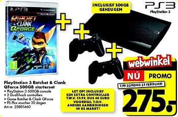 Promoties Playstation 3 ratchet + clank qforce 500gb starterset - Sony - Geldig van 15/02/2014 tot 02/03/2014 bij Bart Smit