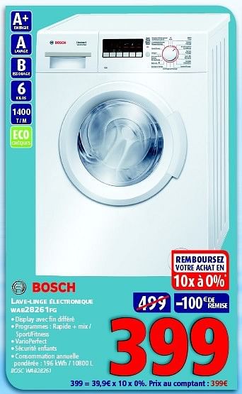Promotions Bosch lave-linge électronique wab28261fg - Bosch - Valide de 25/02/2014 à 12/03/2014 chez Kitchenmarket
