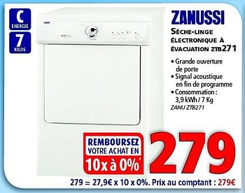 Promotions Zanussi sèche-linge électronique à évacuation ztb271 - Zanussi - Valide de 25/02/2014 à 12/03/2014 chez Kitchenmarket