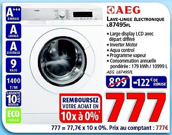 Promotions Aeg lave-linge électronique l87495fl - AEG - Valide de 25/02/2014 à 12/03/2014 chez Kitchenmarket