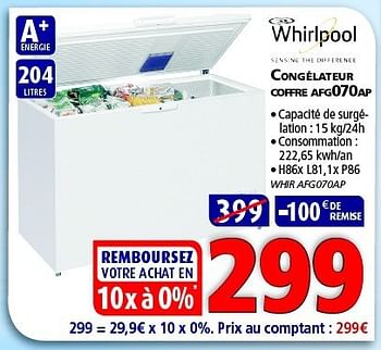 Promotions Whirlpool congélateur coffre afg070ap - Whirlpool - Valide de 25/02/2014 à 12/03/2014 chez Kitchenmarket