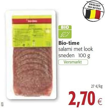 Promotions Bio-time salami met look sneden - Bio-time - Valide de 26/02/2014 à 11/03/2014 chez Colruyt