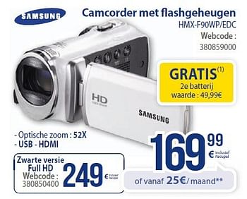 Promoties Samsung camcorder met flashgeheugen hmx-f90wp-edc - Samsung - Geldig van 01/03/2014 tot 31/03/2014 bij Eldi