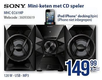 Promoties Sony mini-keten met cd speler mhc-ec619ip - Sony - Geldig van 01/03/2014 tot 31/03/2014 bij Eldi
