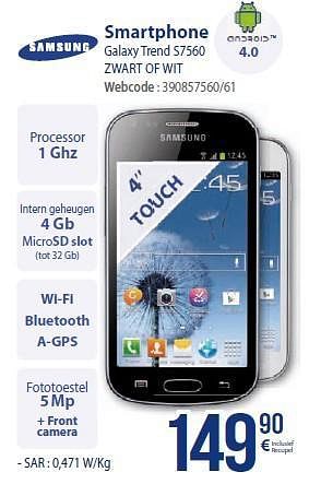 Promoties Samsung smartphone galaxy trend s7560 - Samsung - Geldig van 01/03/2014 tot 31/03/2014 bij Eldi