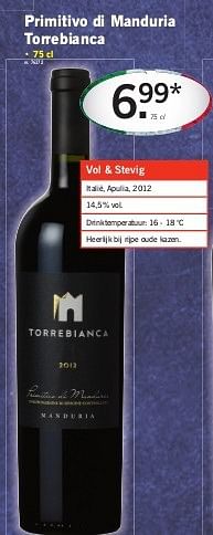 Promoties Primitivo di manduria torrebianca - Rode wijnen - Geldig van 06/03/2014 tot 12/03/2014 bij Lidl