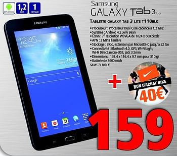 Promotions Samsung tablette galaxy tab 3 lite t 110blk - Samsung - Valide de 12/03/2014 à 26/03/2014 chez Kitchenmarket