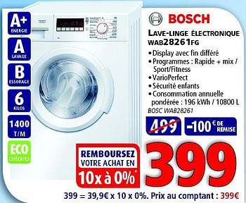 Promotions Bosch lave linge electronique wab28261fg - Bosch - Valide de 12/03/2014 à 26/03/2014 chez Kitchenmarket