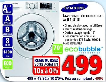 Promotions Samsung lave linge electronique wf81f5e5 - Samsung - Valide de 12/03/2014 à 26/03/2014 chez Kitchenmarket