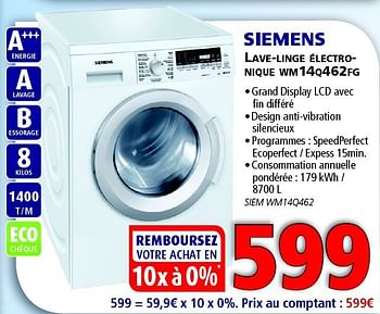 Promotions Siemens lave linge electronique wm14q462fg - Siemens - Valide de 12/03/2014 à 26/03/2014 chez Kitchenmarket