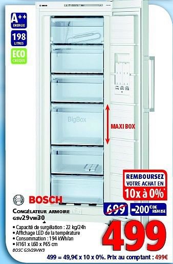 Promotions Bosch congelateur armoire gsv29vw30 - Bosch - Valide de 12/03/2014 à 26/03/2014 chez Kitchenmarket