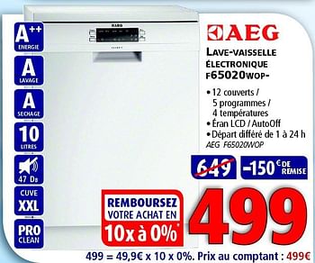 Promotions Aeg lave vaisselle electronique f65020wop - AEG - Valide de 12/03/2014 à 26/03/2014 chez Kitchenmarket