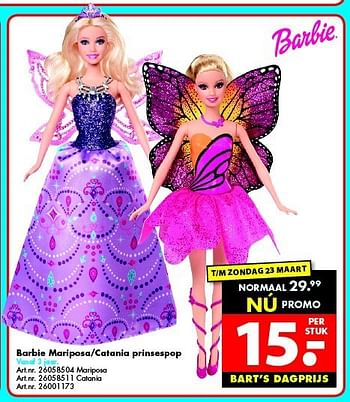 Promoties Barbie mariposa-catania prinsespop - Mattel - Geldig van 15/03/2014 tot 30/03/2014 bij Bart Smit