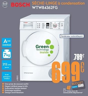 Promotions Bosch sèche-linge à condensation wtw84362fg - Bosch - Valide de 24/03/2014 à 24/04/2014 chez Krefel