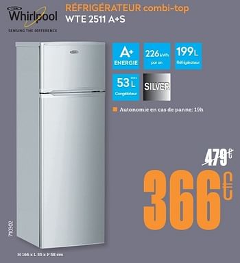 Promotions Whirlpool réfrigérateur combi-top wte 2511 a+s - Whirlpool - Valide de 24/03/2014 à 24/04/2014 chez Krefel