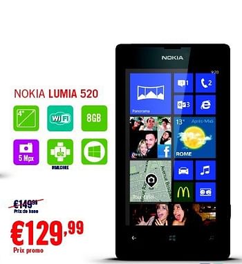 Promotions Nokia lumia 520 - Nokia - Valide de 01/04/2014 à 30/04/2014 chez The Phone House