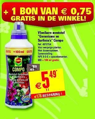Promoties Vloeibare meststof geraniums en surfinia`s compo - Compo - Geldig van 09/04/2014 tot 28/04/2014 bij Brico