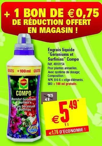 Promotions Engrais liquide geraniums et surfinias compo - Compo - Valide de 09/04/2014 à 28/04/2014 chez Brico