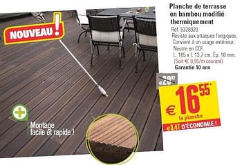 Promotions Planche de terrasse en bambou modifié thermiquement - Produit maison - Brico - Valide de 16/04/2014 à 28/04/2014 chez Brico