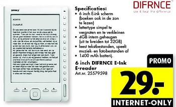 Promoties 6 inch difrnce e-ink e-reader - Difrnce - Geldig van 26/04/2014 tot 11/05/2014 bij Bart Smit