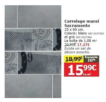 Promotions Carrelage mural sacramento - Produit maison - BricoPlanit - Valide de 14/05/2014 à 02/06/2014 chez BricoPlanit