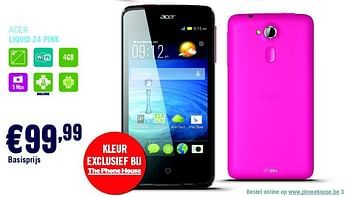 Promoties Acer liquid z4 pink - Acer - Geldig van 01/06/2014 tot 30/06/2014 bij The Phone House
