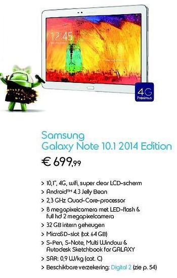 Promotions Samsung galaxy note 10.1 2014 edition - Samsung - Valide de 01/06/2014 à 30/06/2014 chez Belgacom