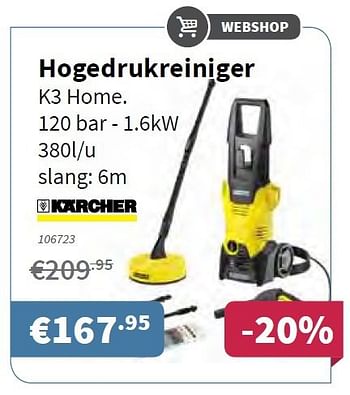 Promoties Karcher hogedrukreiniger k3 home. 120 bar - 1.6kw 380l-u - Kärcher - Geldig van 05/06/2014 tot 18/06/2014 bij Cevo Market