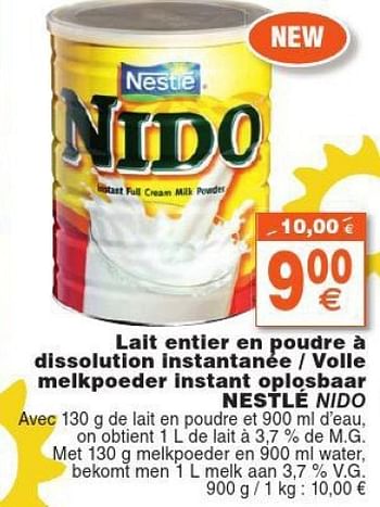 Lait entier poudre NIDO : la boite de 900g à Prix Carrefour