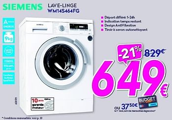 Promotions Siemens lave-linge wm14s464fg - Siemens - Valide de 01/07/2014 à 31/07/2014 chez Krefel