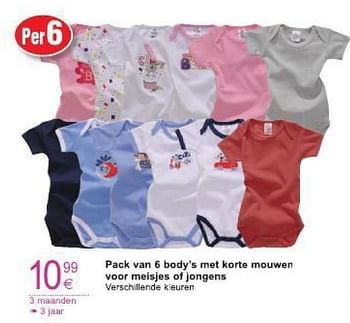 Promoties Pack van 6 body`s met korte mouwen voor meisjes of jongens - Huismerk - Cora - Geldig van 29/07/2014 tot 11/08/2014 bij Cora