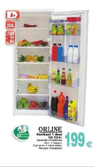 Promoties Orline koelkast 1 deur gn 265a+ - ORLINE - Geldig van 29/07/2014 tot 11/08/2014 bij Cora