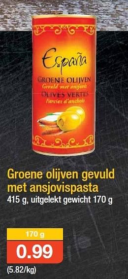 Promoties Groene olijven gevuld met ansjovispasta - Espana - Geldig van 30/07/2014 tot 05/08/2014 bij Aldi