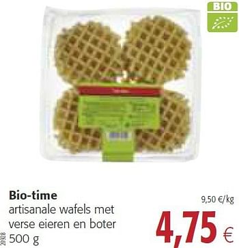 Promotions Bio-time artisanale wafels met verse eieren en boter - Bio-time - Valide de 30/07/2014 à 12/08/2014 chez Colruyt