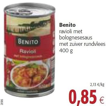 Promotions Benito ravioli met bolognesesaus met zuiver rundvlees - Benito - Valide de 30/07/2014 à 12/08/2014 chez Colruyt
