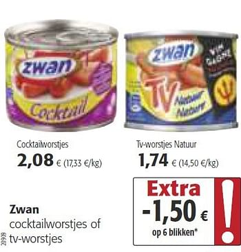 Promoties Zwan cocktailworstjes of tv-worstjes - Zwan - Geldig van 30/07/2014 tot 12/08/2014 bij Colruyt