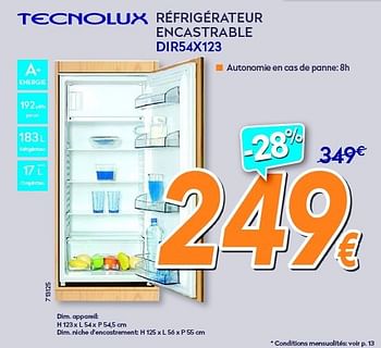 Promotions Tecnolux réfrigérateur encastrable dir54x123 - Tecnolux - Valide de 01/08/2014 à 27/08/2014 chez Krefel