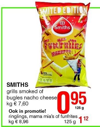 Promoties Smiths grills smoked of bugles nacho cheese - Smiths - Geldig van 14/08/2014 tot 27/08/2014 bij Spar (Colruytgroup)