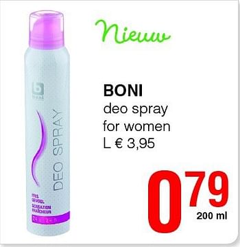 Promoties Boni deo spray for women - Boni - Geldig van 14/08/2014 tot 27/08/2014 bij Spar (Colruytgroup)