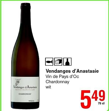 Promoties Vendanges d`anastasie vin de pays d`oc chardonnay - Witte wijnen - Geldig van 14/08/2014 tot 27/08/2014 bij Spar (Colruytgroup)