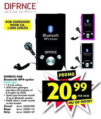 Promoties Difrnce 4gb bluetooth mp4-speler - Difrnce - Geldig van 11/10/2014 tot 07/12/2014 bij Bart Smit