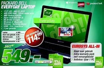 Promoties Packard bell everyday laptop - Packard Bell - Geldig van 01/07/2014 tot 18/08/2014 bij Auva