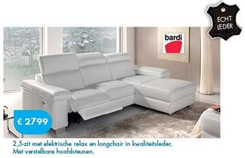 Promoties 2,5-zit met elektrische relax en longchair in kwaliteitsleder - Bardi - Geldig van 01/08/2014 tot 08/09/2014 bij O & O Trendy Wonen
