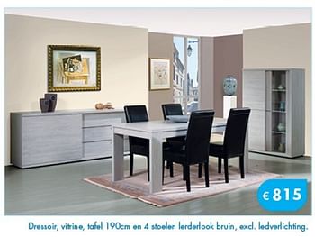 Promotions Dressoir, vitrine, tafel en 4 stoelen lerderlook bruin - Produit Maison - O & O Trendy Wonen - Valide de 01/08/2014 à 08/09/2014 chez O & O Trendy Wonen