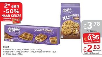 Promoties Milka cake + choc, cookies choco, choco tutti, lilastix, choco suprême of choco moo - Milka - Geldig van 11/08/2014 tot 17/08/2014 bij Intermarche