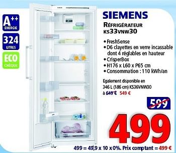 Promotions Siemens réfrigérateur ks33vnw30 - Siemens - Valide de 23/08/2014 à 09/09/2014 chez Kitchenmarket