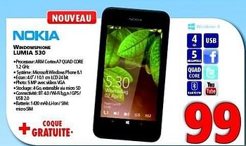 Promotions Nokia windowsphone lumia 530 - Nokia - Valide de 06/09/2014 à 29/09/2014 chez Kitchenmarket