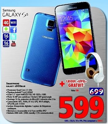 Promotions Samsung smartphone galaxy g900blue - Samsung - Valide de 06/09/2014 à 29/09/2014 chez Kitchenmarket
