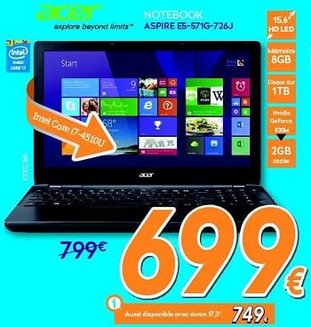Promotions Acer notebook aspire e5-571g-726j - Acer - Valide de 23/09/2014 à 25/10/2014 chez Krefel